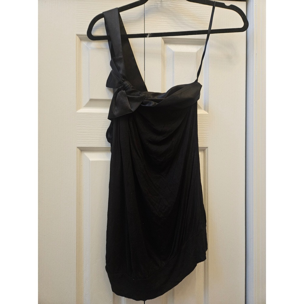 Black One Shoulder Bow Draped Cocktail Top Satin Trim Evening Blouse